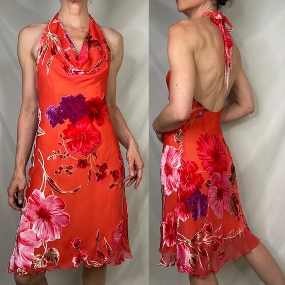 Cache silk floral halter midi dress velvet burnout cowl neck open back orange 2 - Picture 17 of 17